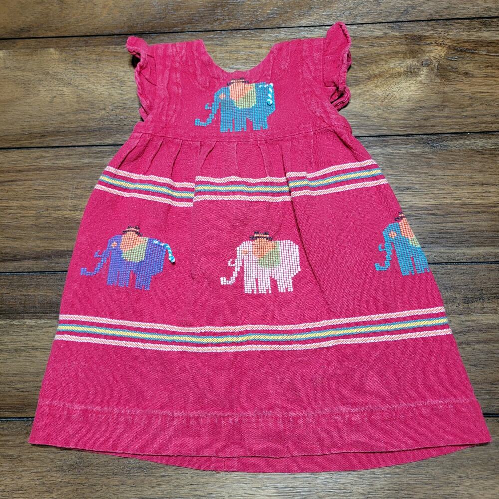 VINTAGE Monny's Infant Dress w/ Embroidered Elephants - Size 2 (18-24 Mo)